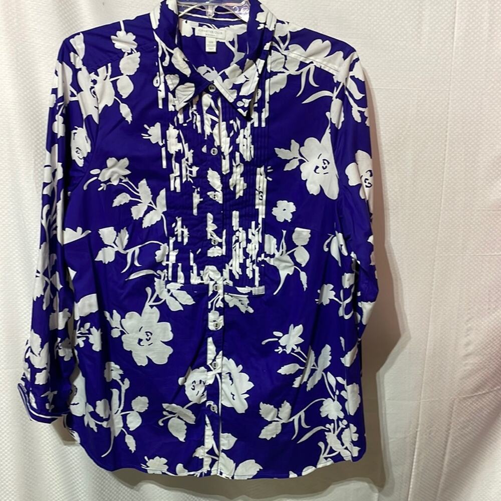 Charter club 20w royal blue white floral tuxedo button down blouse euc worn once